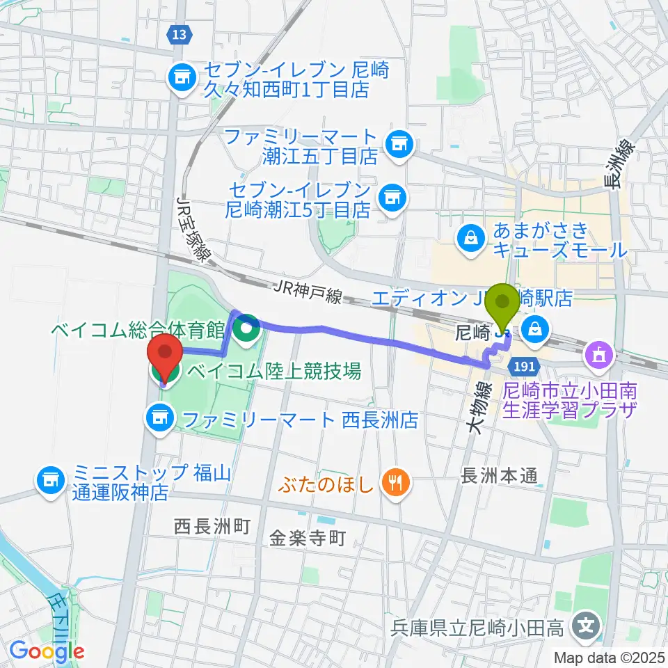 ベイコム陸上競技場の最寄駅尼崎駅からの徒歩ルート（約16分）地図