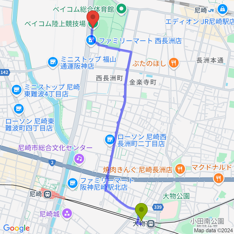 大物駅からベイコム陸上競技場へのルートマップ地図