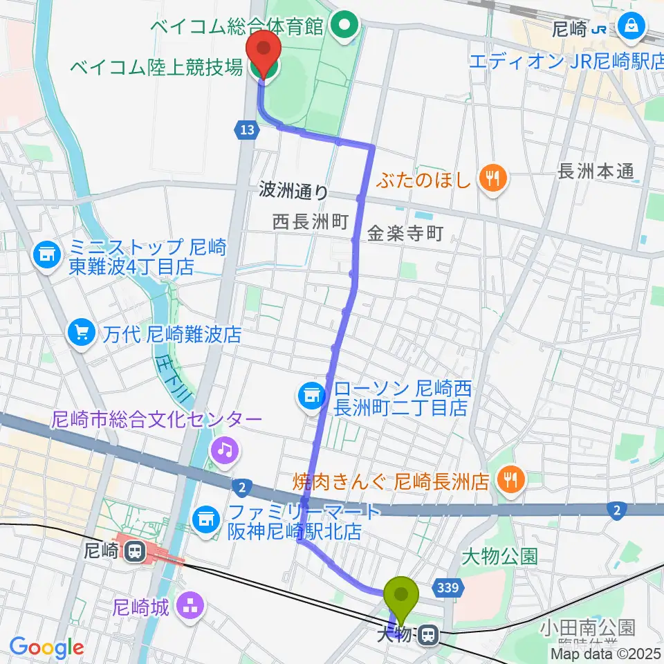 大物駅からベイコム陸上競技場へのルートマップ地図