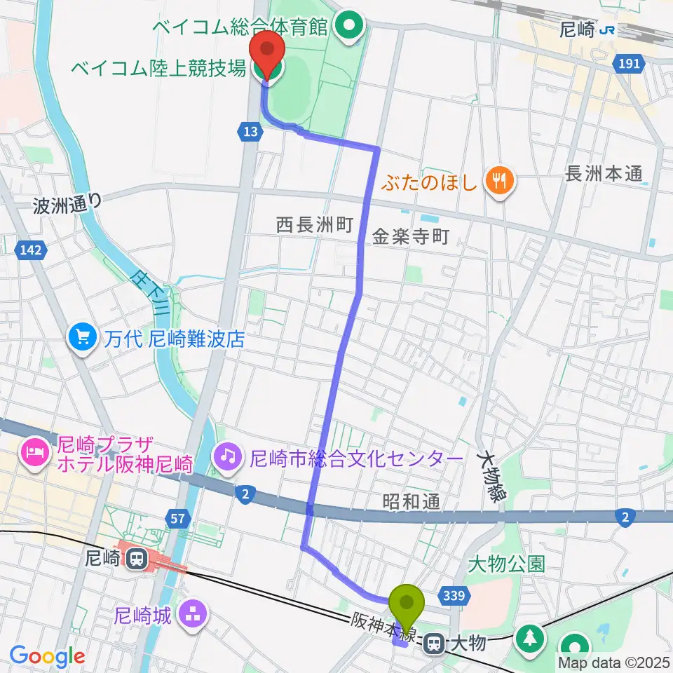 大物駅からベイコム陸上競技場へのルートマップ地図