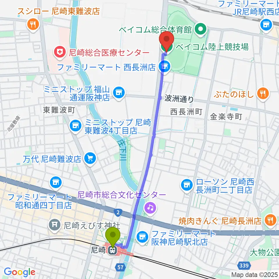 尼崎駅からベイコム陸上競技場へのルートマップ地図