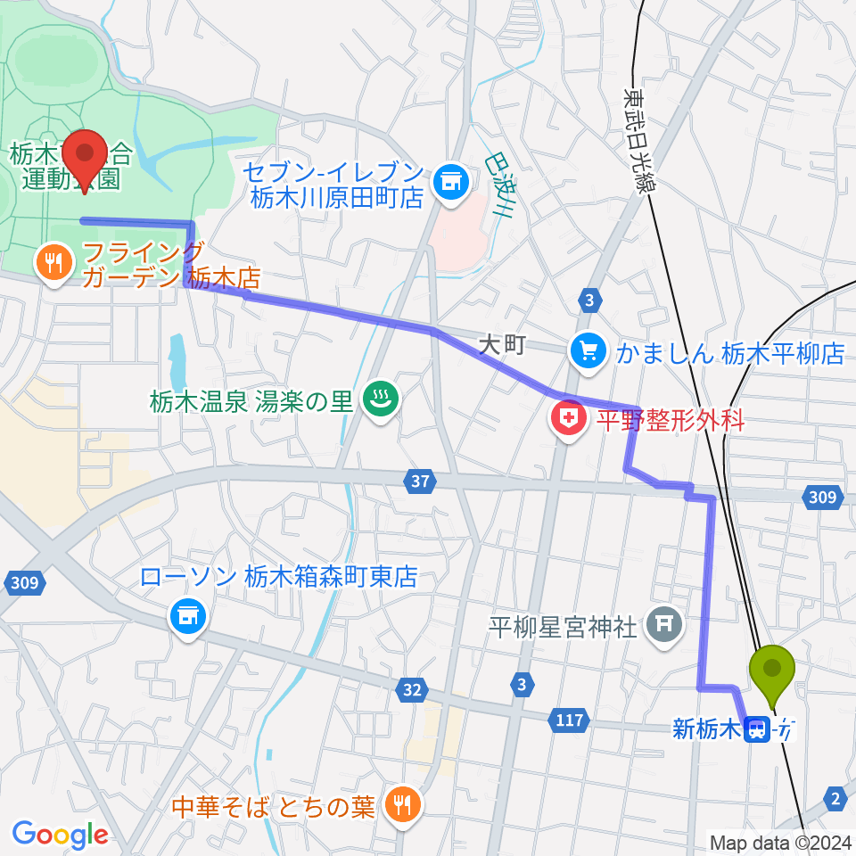 新栃木駅からマルワ・アリーナとちぎ 栃木市総合体育館へのルートマップ地図