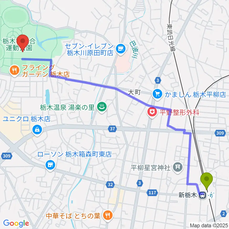 新栃木駅からマルワ・アリーナとちぎへのルートマップ地図