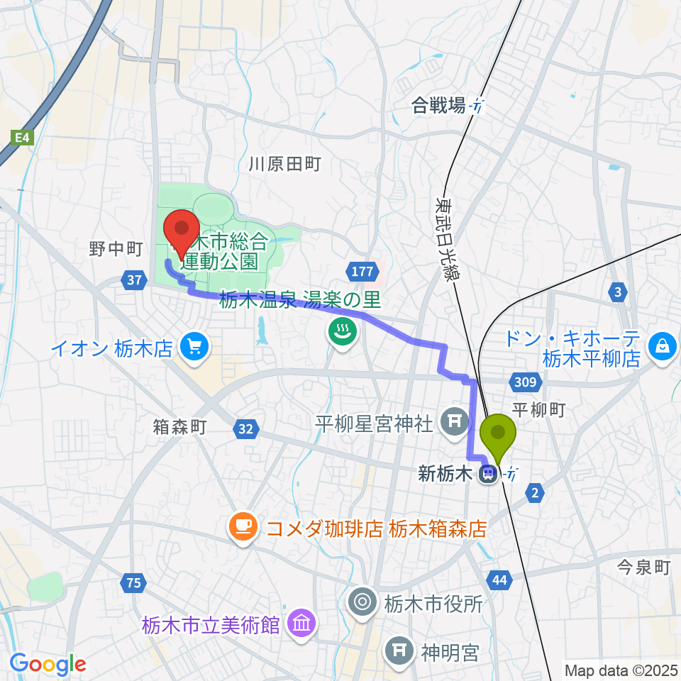 新栃木駅からとちぎ木の花スタジアムへのルートマップ地図