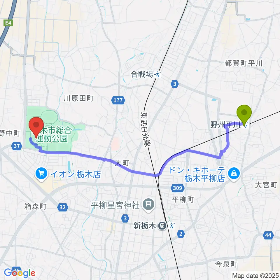 野州平川駅からとちぎ木の花スタジアムへのルートマップ地図