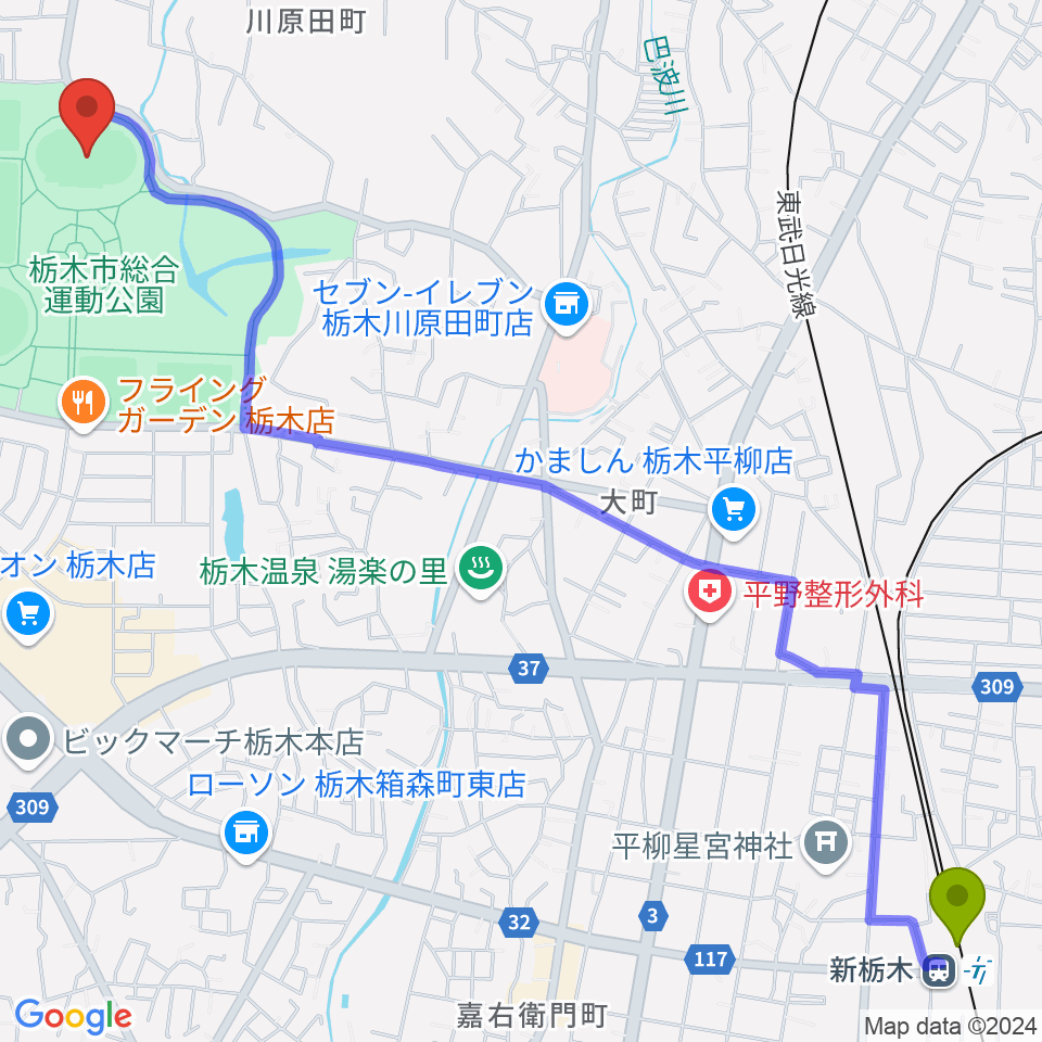 新栃木駅からニッコークリエートスポーツフィールドとちぎへのルートマップ地図