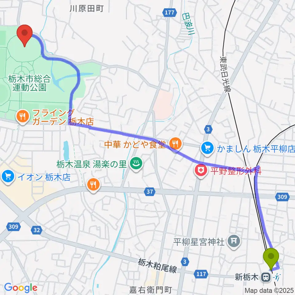 新栃木駅からニッコークリエートスポーツフィールドとちぎへのルートマップ地図