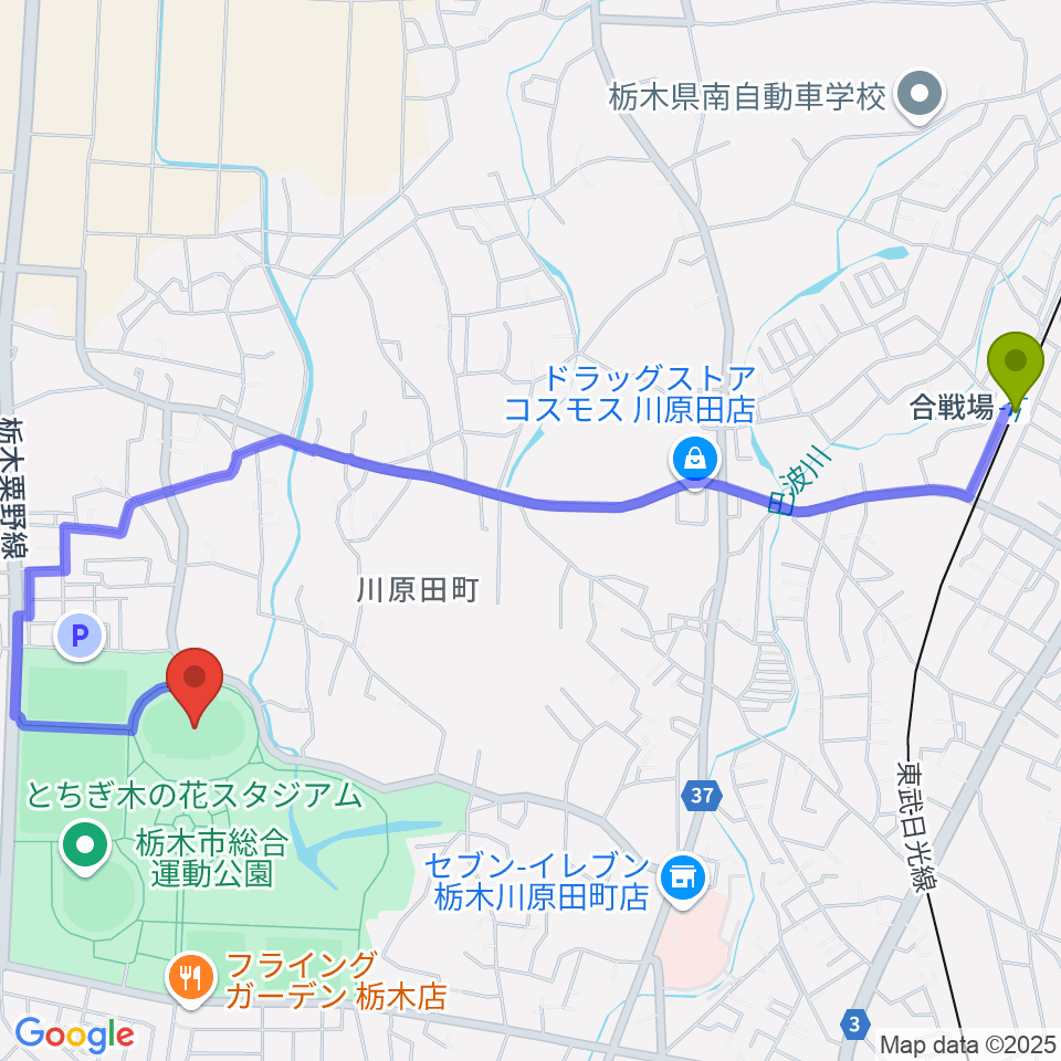 ニッコークリエートスポーツフィールドとちぎの最寄駅合戦場駅からの徒歩ルート（約26分）地図