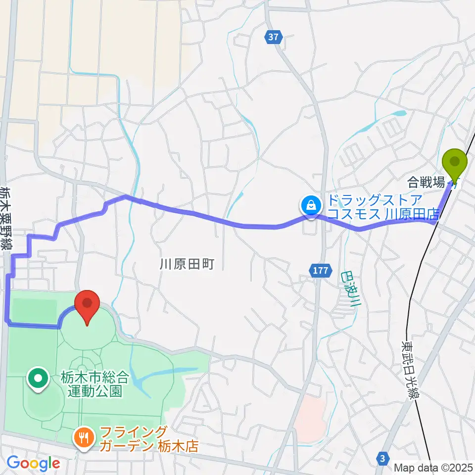 ニッコークリエートスポーツフィールドとちぎの最寄駅合戦場駅からの徒歩ルート（約26分）地図