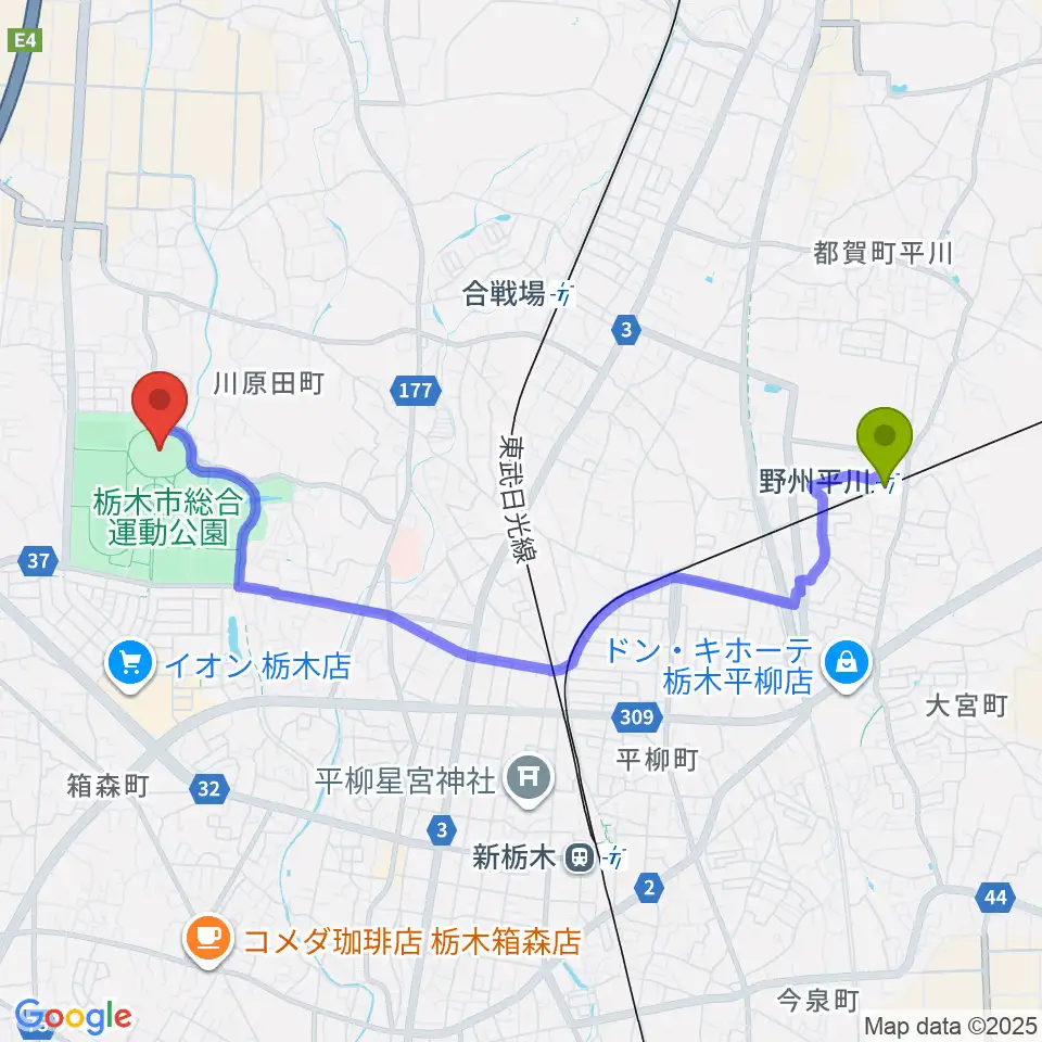 野州平川駅からニッコークリエートスポーツフィールドとちぎへのルートマップ地図