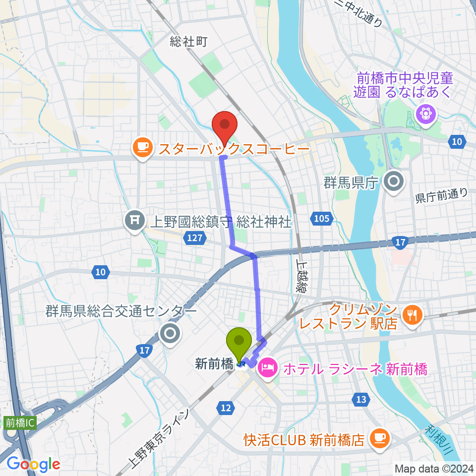 しんしん大渡温水プール・トレーニングセンターの最寄駅新前橋駅からの徒歩ルート（約28分）地図