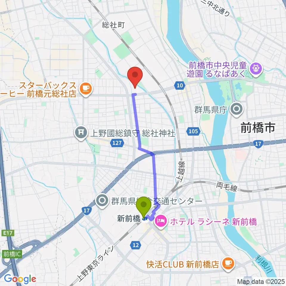 しんしん大渡温水プール・トレーニングセンターの最寄駅新前橋駅からの徒歩ルート（約28分）地図