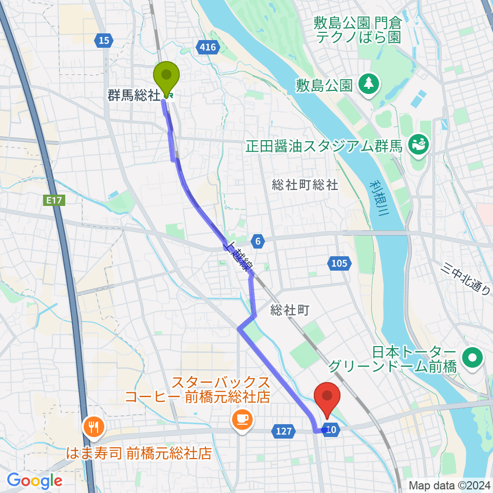 群馬総社駅からしんしん大渡温水プール・トレーニングセンターへのルートマップ地図