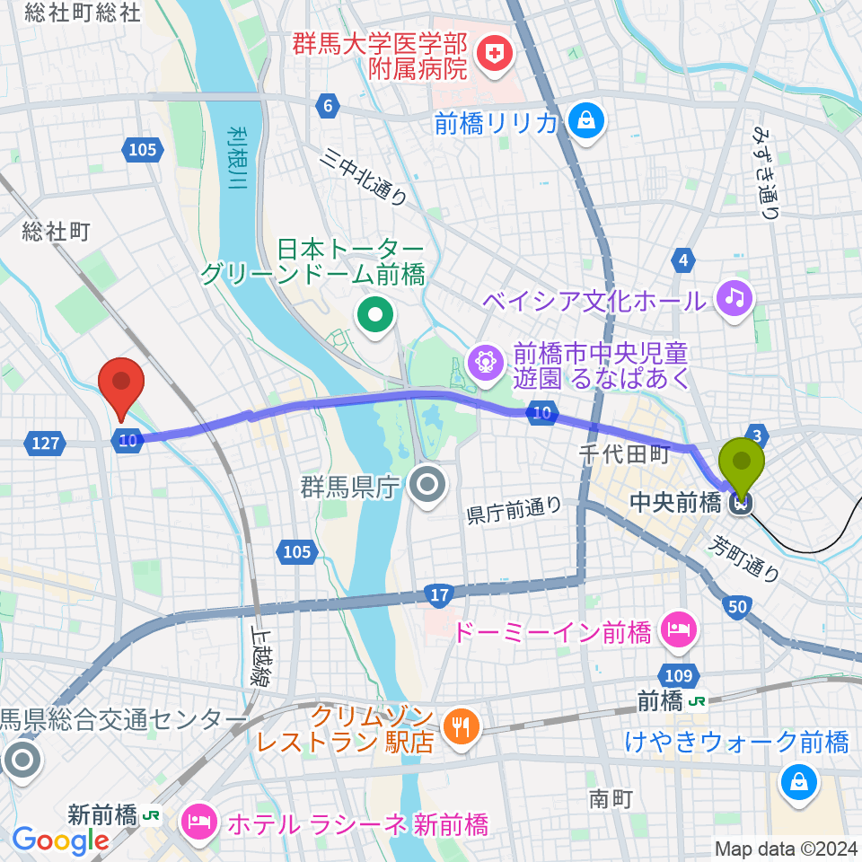 中央前橋駅からしんしん大渡温水プール・トレーニングセンターへのルートマップ地図