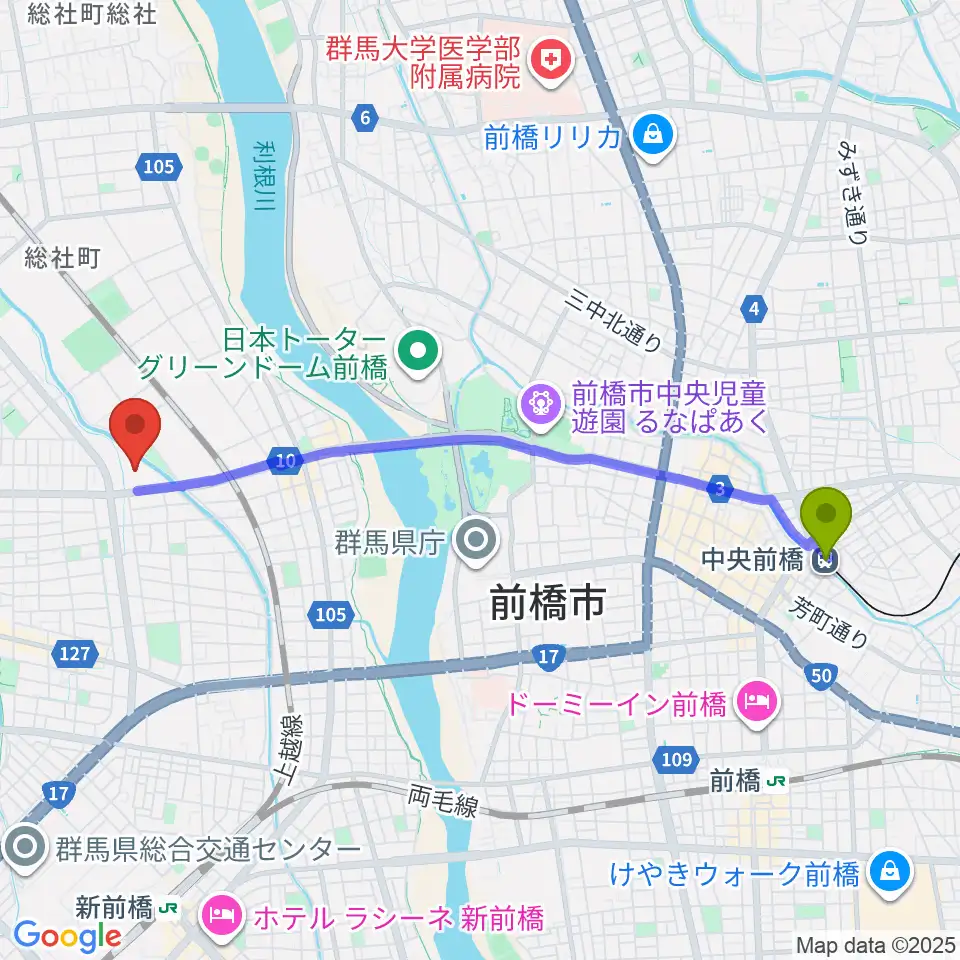 中央前橋駅からしんしん大渡温水プール・トレーニングセンターへのルートマップ地図