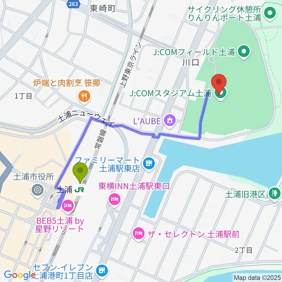 J:COMスタジアム土浦の最寄駅土浦駅からの徒歩ルート（約9分）地図