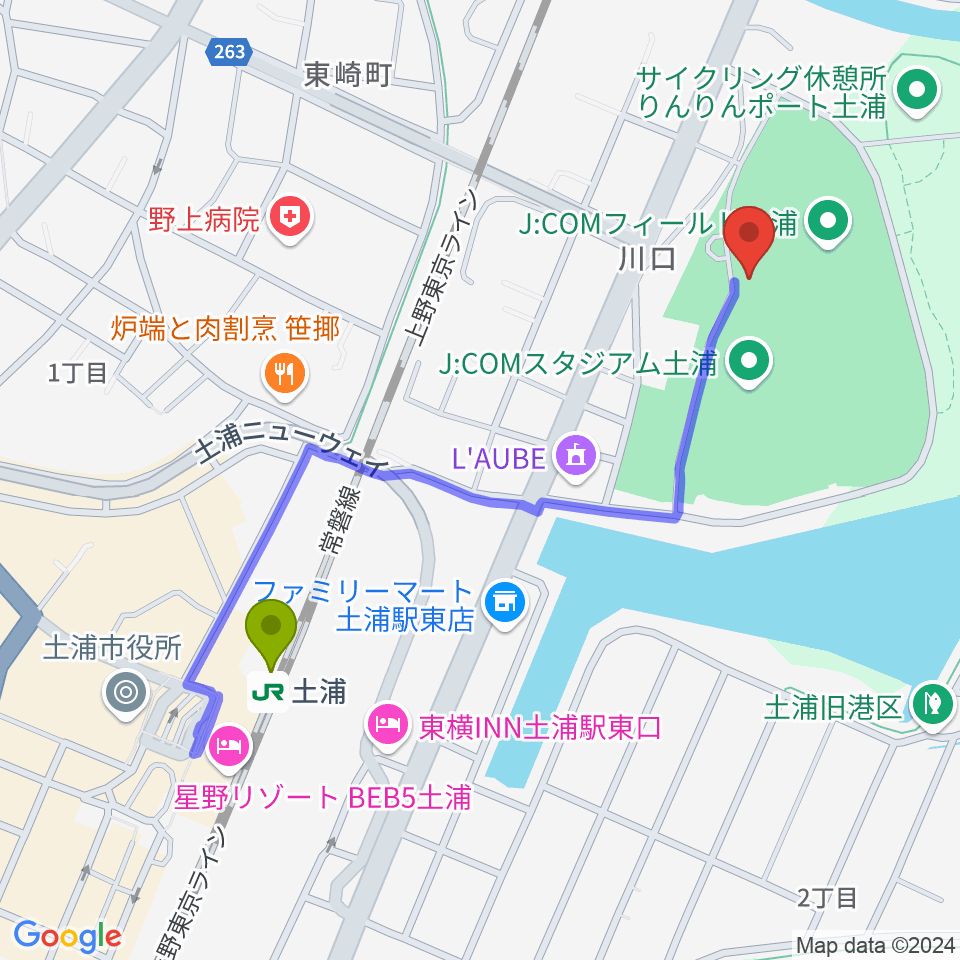 J:COMフィールド土浦の最寄駅土浦駅からの徒歩ルート（約10分）地図