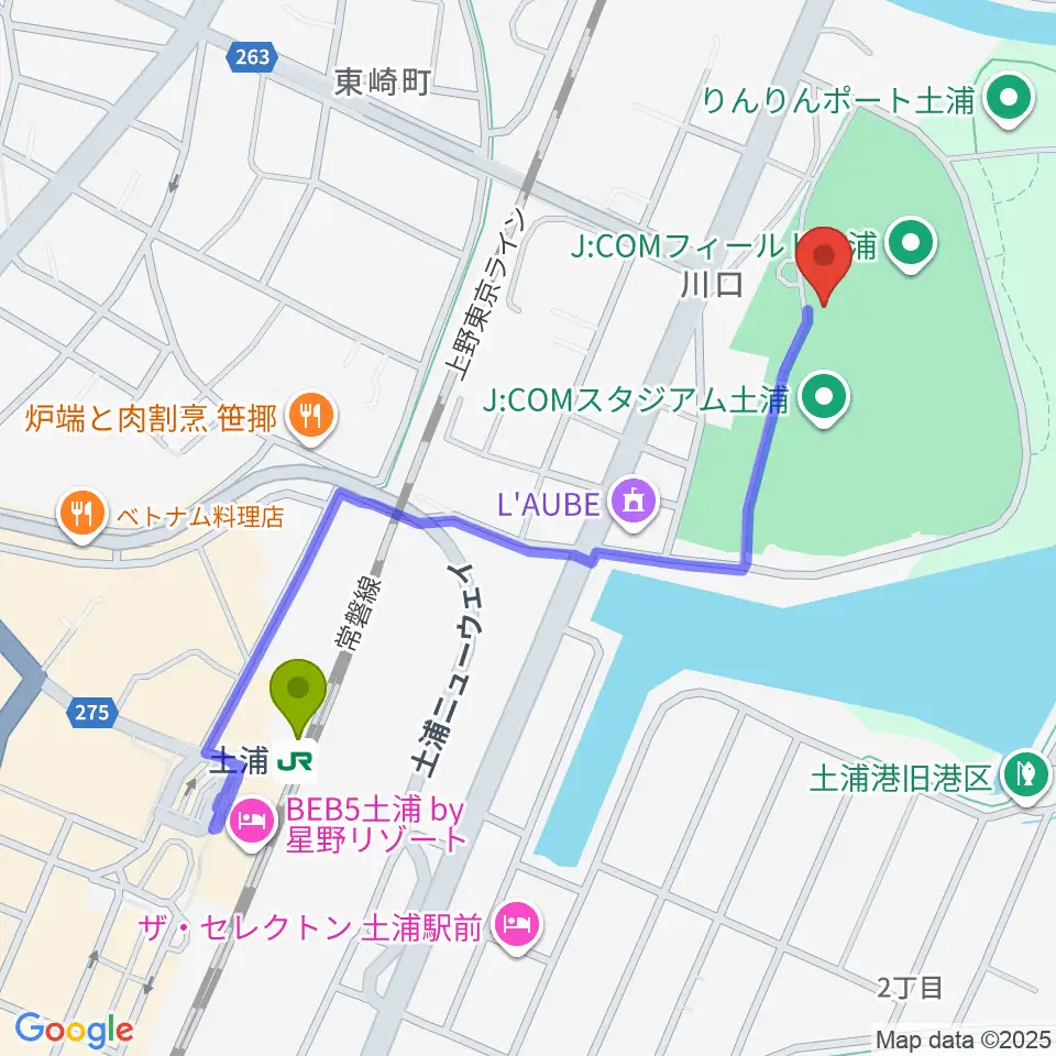 J:COMフィールド土浦の最寄駅土浦駅からの徒歩ルート（約10分）地図