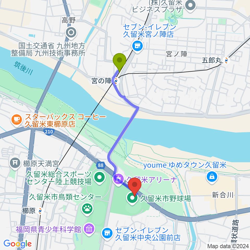 宮の陣駅から久留米市野球場へのルートマップ地図