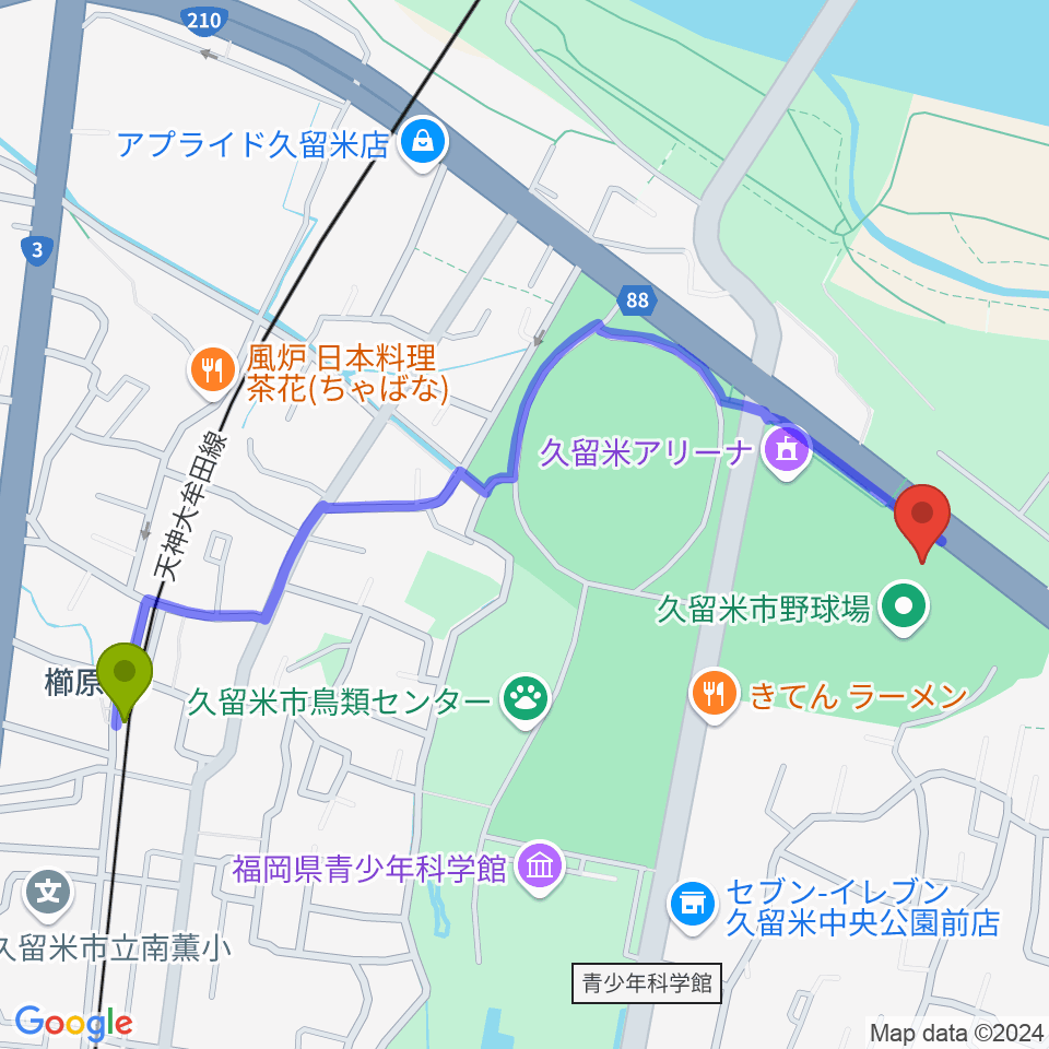 久留米市野球場の最寄駅櫛原駅からの徒歩ルート（約12分）地図