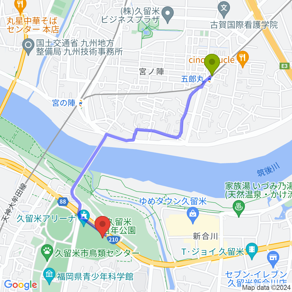 五郎丸駅から久留米市野球場へのルートマップ地図