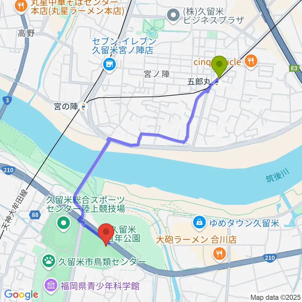 五郎丸駅から久留米市野球場へのルートマップ地図