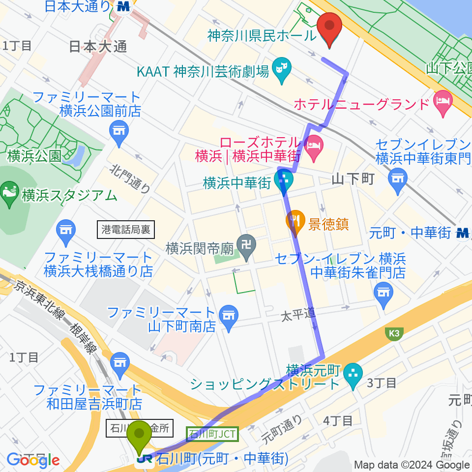 石川町駅から神奈川県民ホールギャラリーへのルートマップ地図