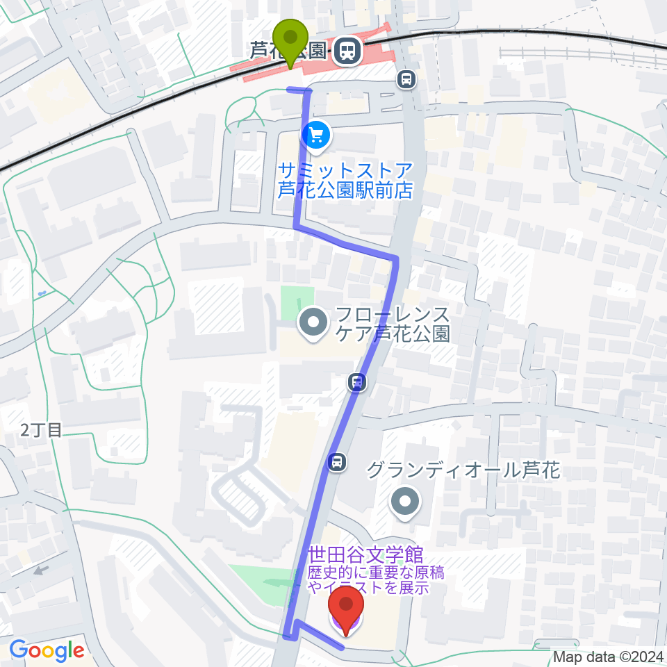 世田谷文学館の最寄駅芦花公園駅からの徒歩ルート（約7分）地図