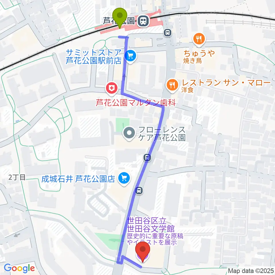 世田谷文学館の最寄駅芦花公園駅からの徒歩ルート（約7分）地図