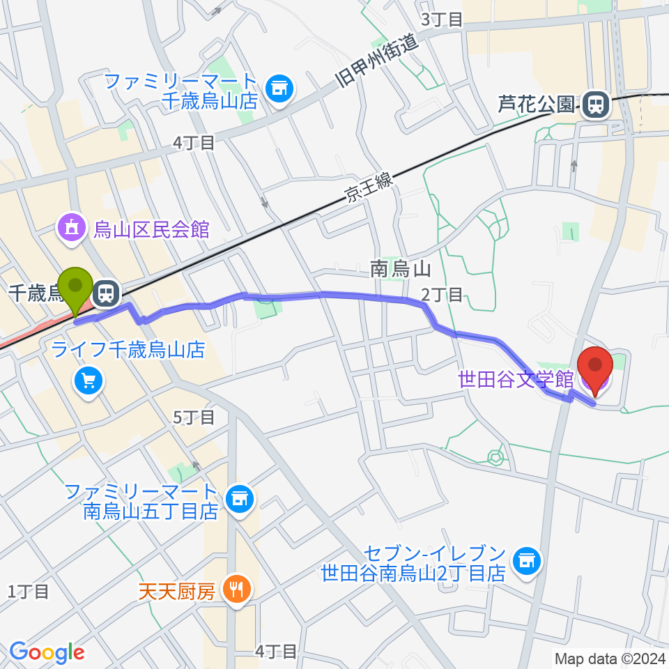 千歳烏山駅から世田谷文学館へのルートマップ地図