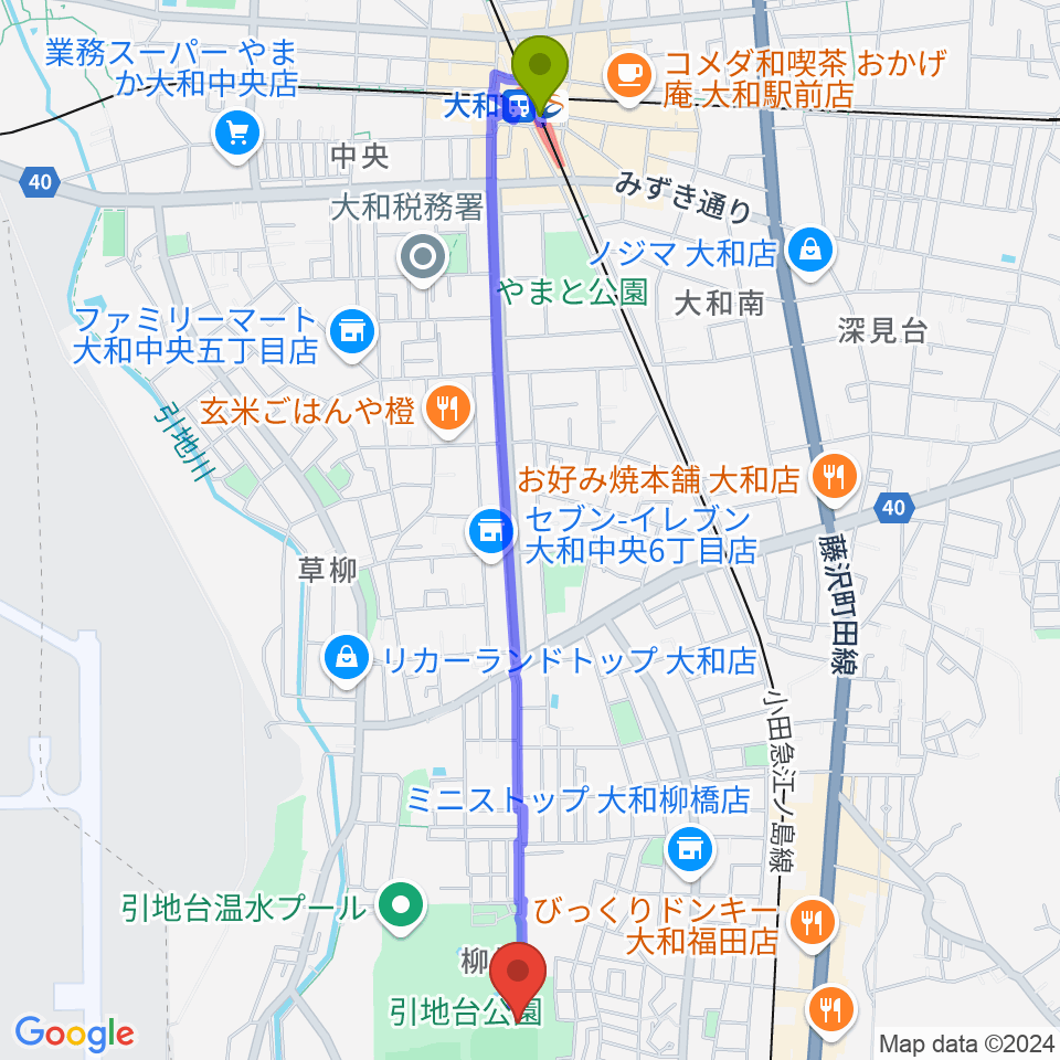 大和駅から大和スタジアムへのルートマップ地図