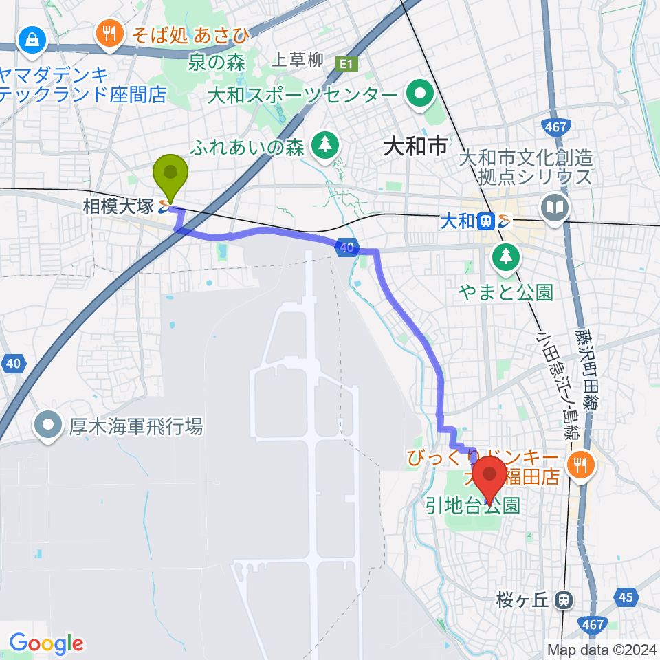 相模大塚駅から大和スタジアムへのルートマップ地図