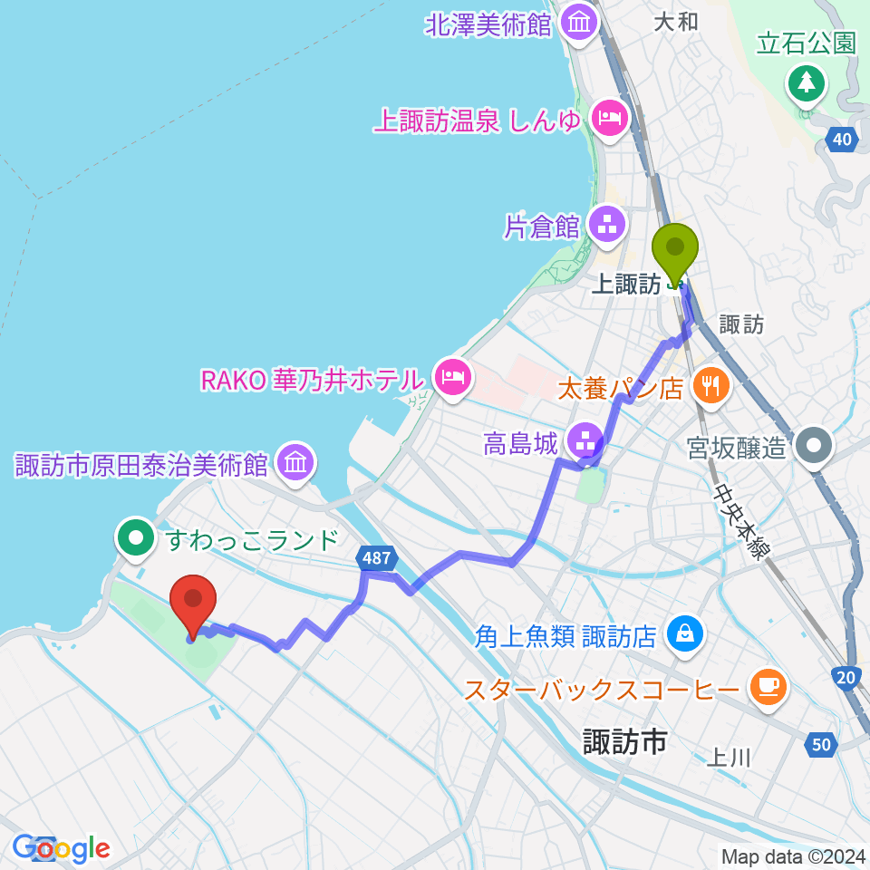 しんきん諏訪湖スタジアムの最寄駅上諏訪駅からの徒歩ルート（約42分）地図