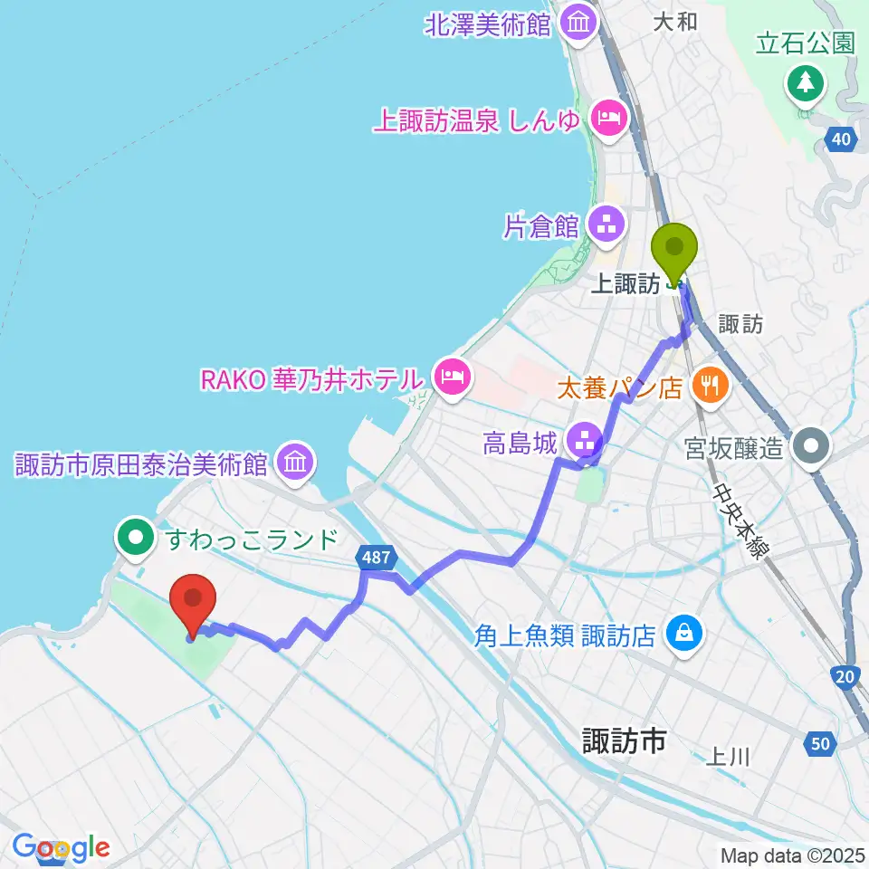 しんきん諏訪湖スタジアムの最寄駅上諏訪駅からの徒歩ルート（約42分）地図