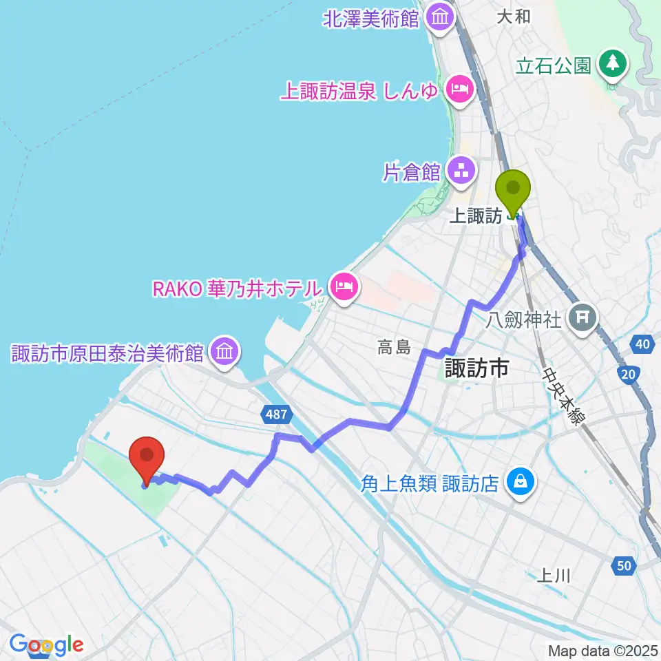 しんきん諏訪湖スタジアムの最寄駅上諏訪駅からの徒歩ルート（約42分）地図