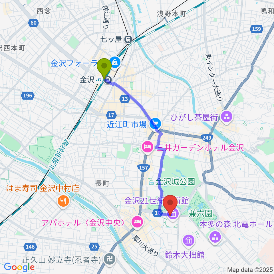 金沢駅から金沢能楽美術館へのルートマップ地図