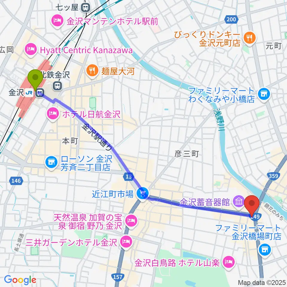 金沢文芸館の最寄駅金沢駅からの徒歩ルート（約27分）地図