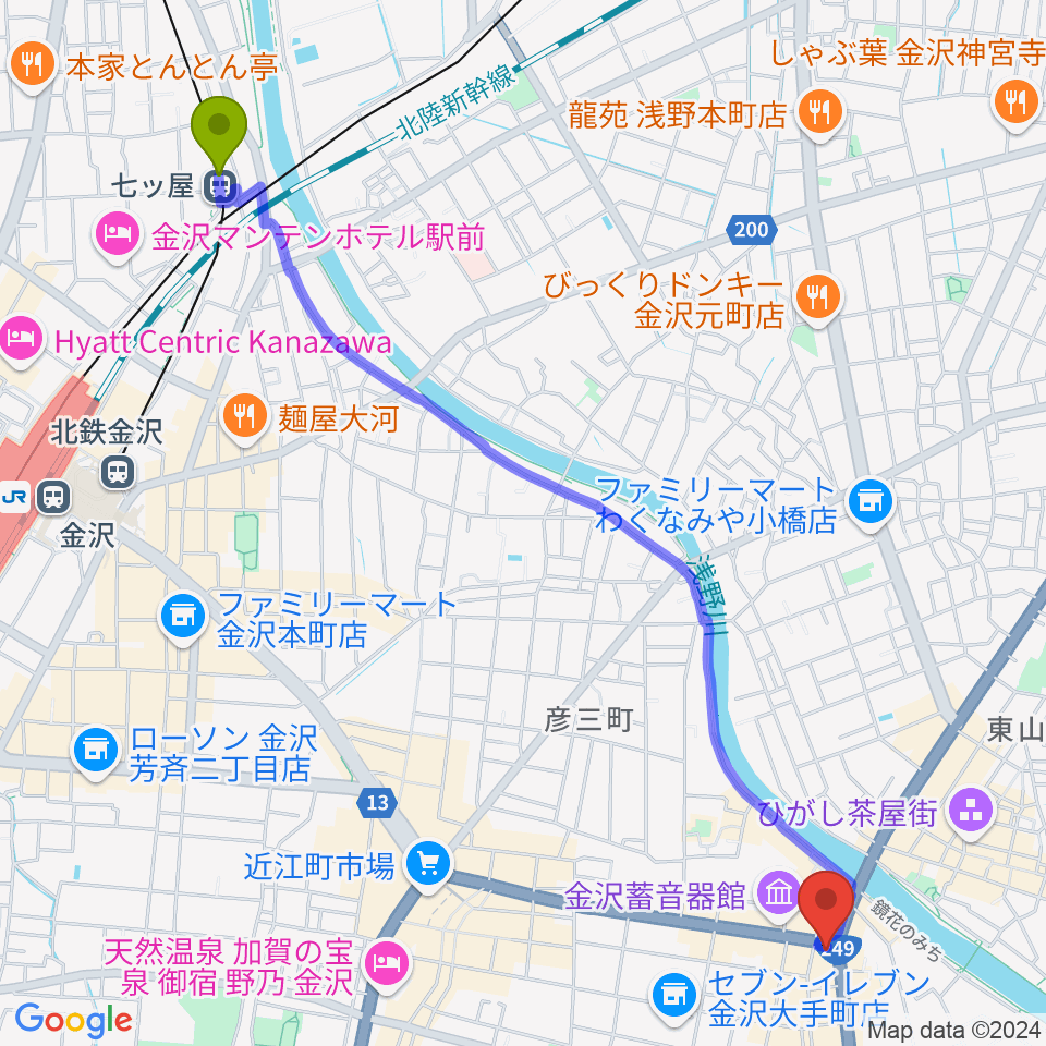 七ツ屋駅から金沢文芸館へのルートマップ地図