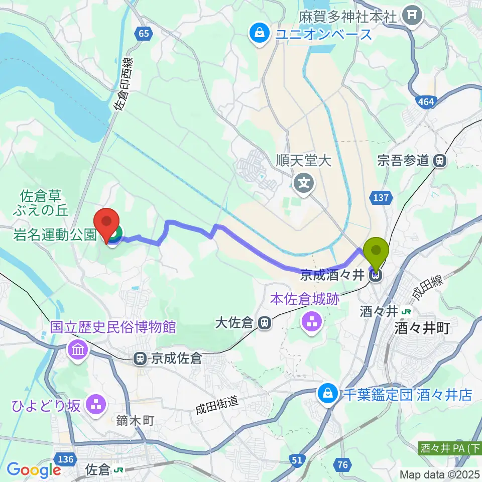 京成酒々井駅から長嶋茂雄記念岩名球場へのルートマップ地図