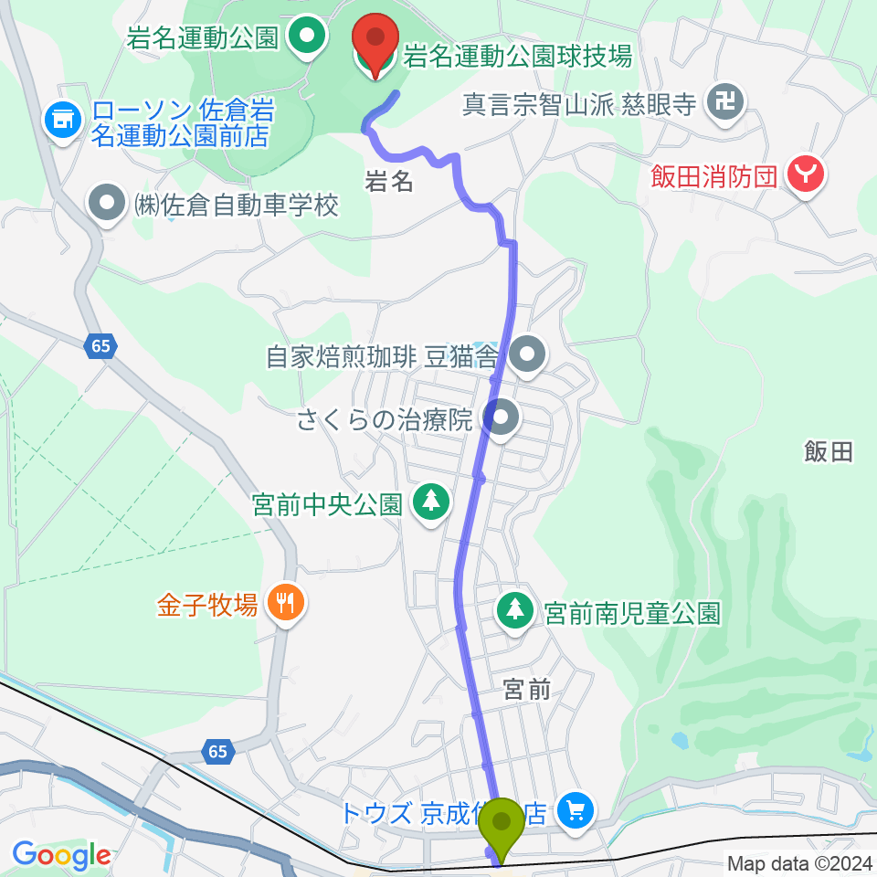 岩名運動公園球技場の最寄駅京成佐倉駅からの徒歩ルート（約28分）地図