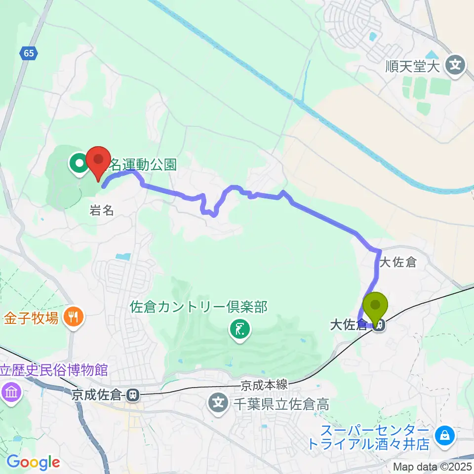 大佐倉駅から岩名運動公園球技場へのルートマップ地図