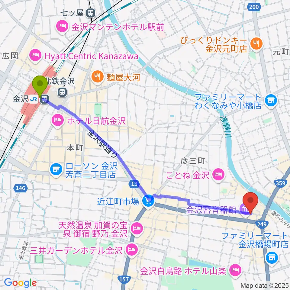 泉鏡花記念館の最寄駅金沢駅からの徒歩ルート（約26分）地図