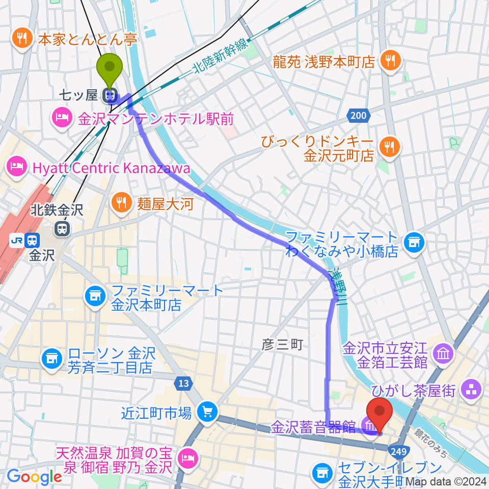 七ツ屋駅から泉鏡花記念館へのルートマップ地図