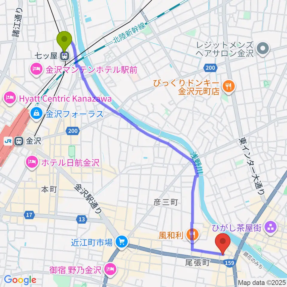 七ツ屋駅から泉鏡花記念館へのルートマップ地図