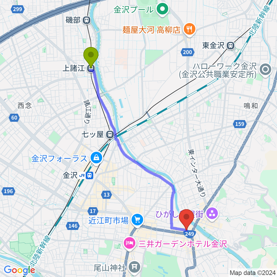 上諸江駅から泉鏡花記念館へのルートマップ地図