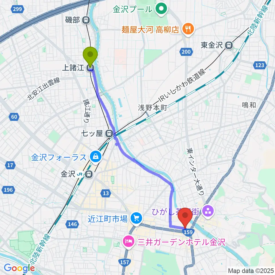 上諸江駅から泉鏡花記念館へのルートマップ地図