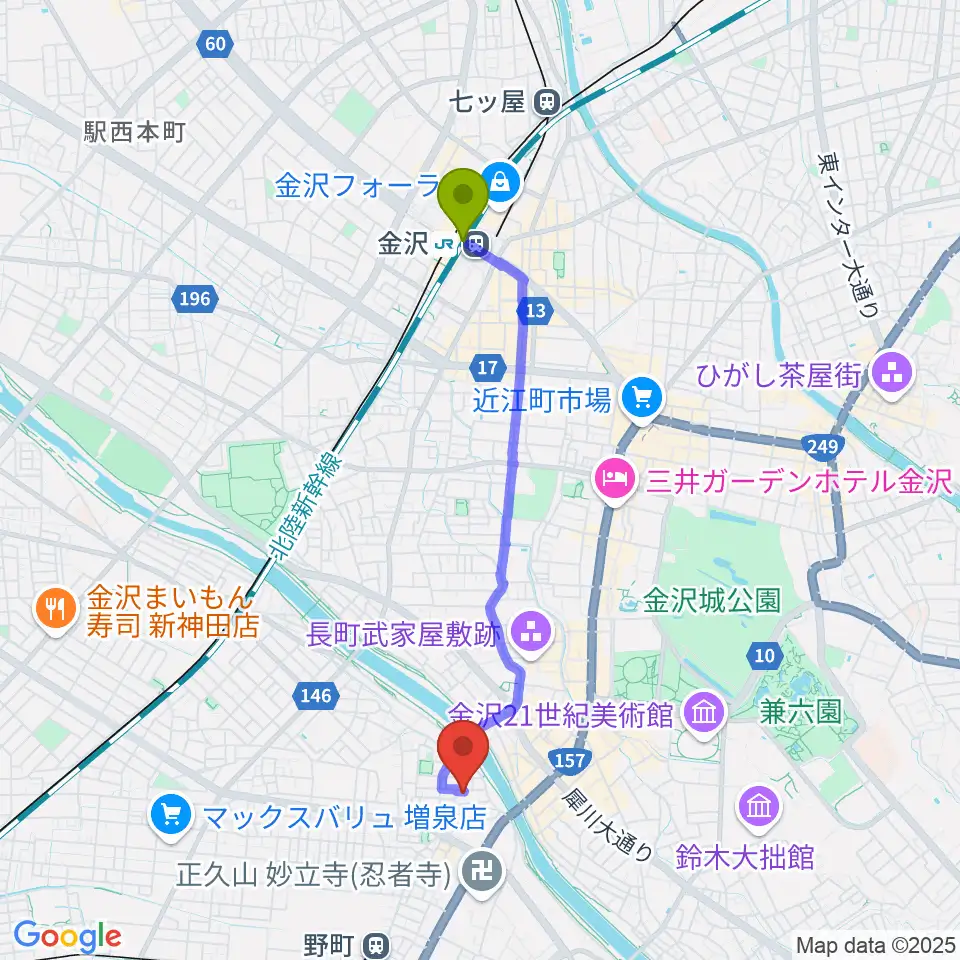 金沢駅から室生犀星記念館へのルートマップ地図