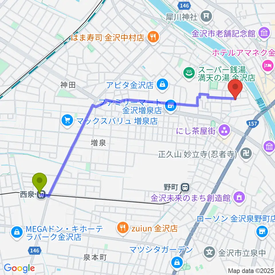 西泉駅から室生犀星記念館へのルートマップ地図