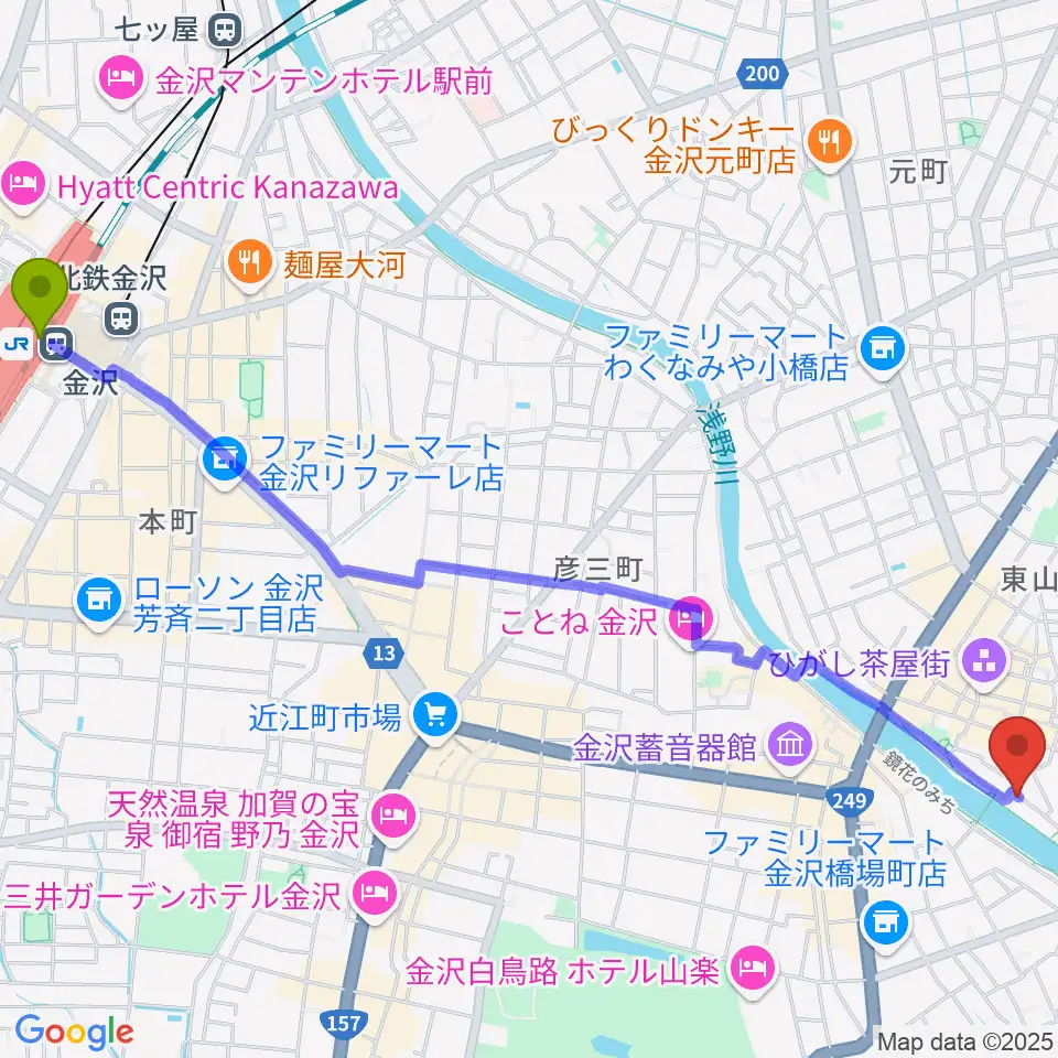 徳田秋聲記念館の最寄駅金沢駅からの徒歩ルート（約31分）地図