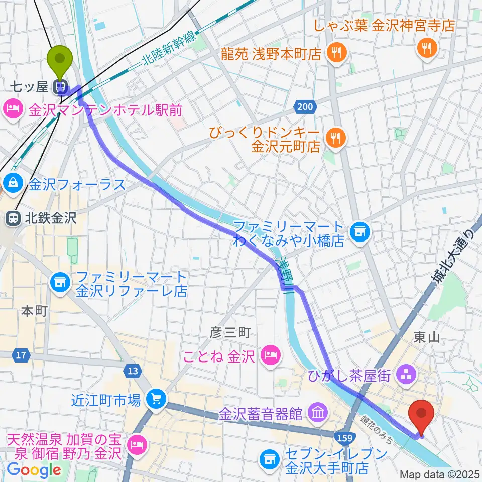 七ツ屋駅から徳田秋聲記念館へのルートマップ地図